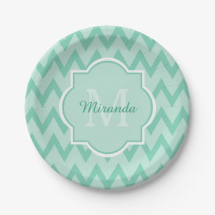 Trendy Mint Green Chevron Zigzag Name and Monogram Paper Plate