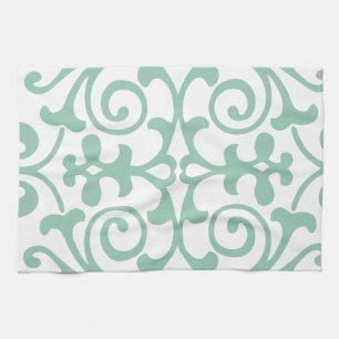 Trendy Mint Green Damask Pattern Tea Towel