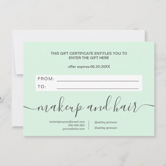 Trendy mint green elegant gift certificate (Back)