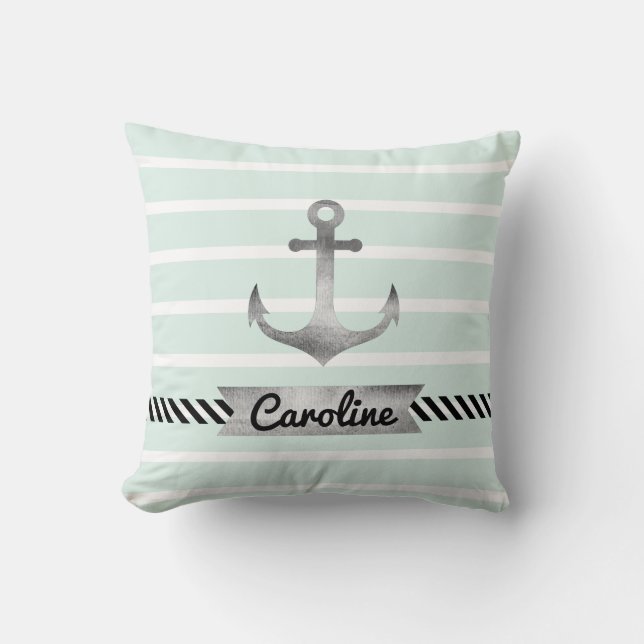 Trendy Mint Green Stripes and Watercolor Anchor Cushion (Front)
