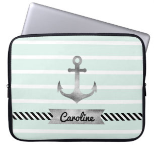 Trendy Mint Green Stripes Nautical Anchor Custom Laptop Sleeve