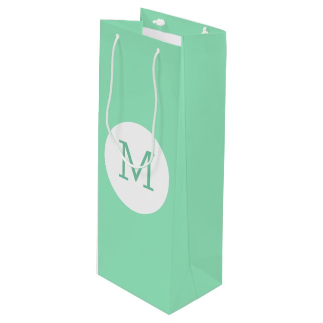 Trendy Mint Green White Monogram Elegant Template Wine Gift Bag (Front Angled)