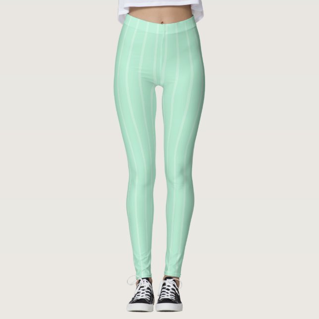 Trendy Mint Green White Striped Modern Template Leggings (Front)