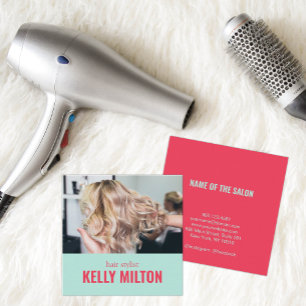 Trendy Mint Pink Hair Stylist Photo Square Business Card