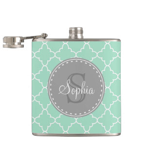 Trendy Mint Trellis Pattern Grey Monogram Hip Flask