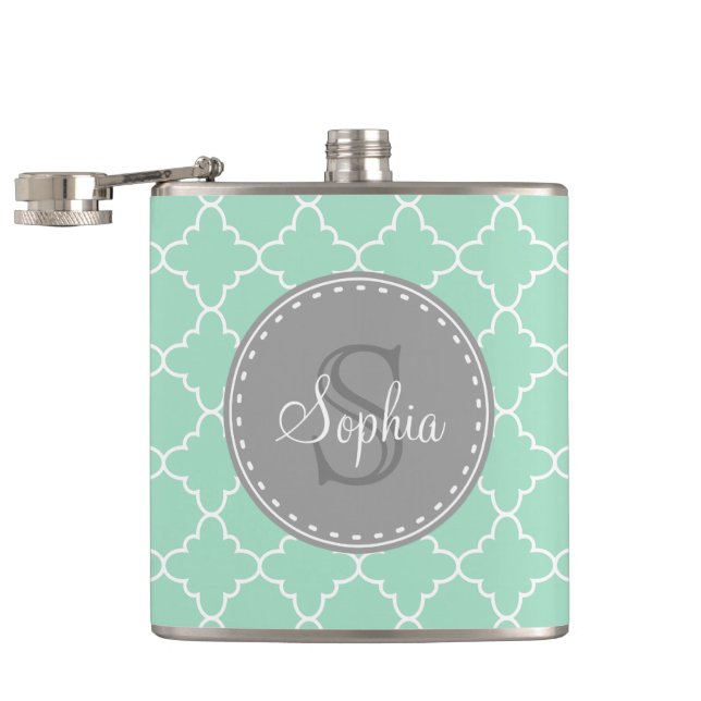Trendy Mint Trellis Pattern Grey Monogram Hip Flask (Opened)