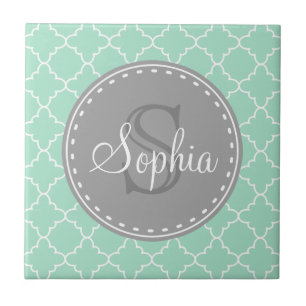 Trendy Mint Trellis Pattern Grey Monogram Tile