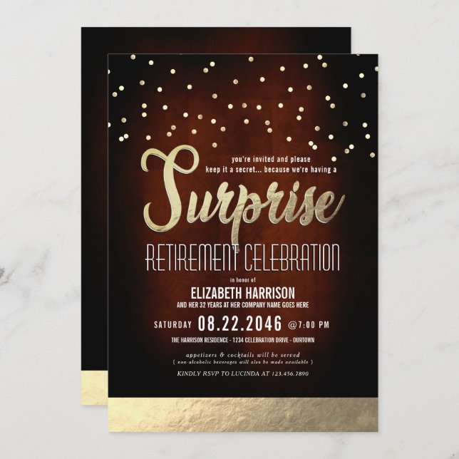 Trendy Mocha/Gold Surprise Retirement Party Invita Invitation (Front/Back)