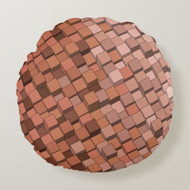 "Trendy Mocha Mousse Geometric 3D Cube Round Cushion (Front)