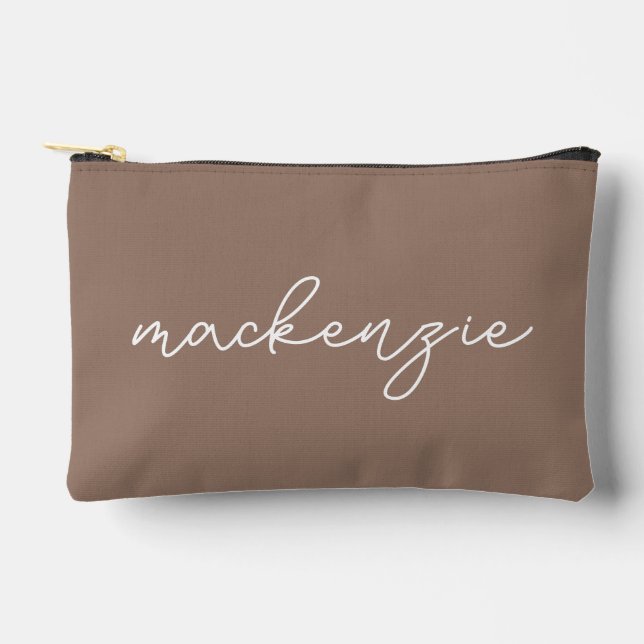 Trendy Mocha White Script Name Accessory Pouch (Front)
