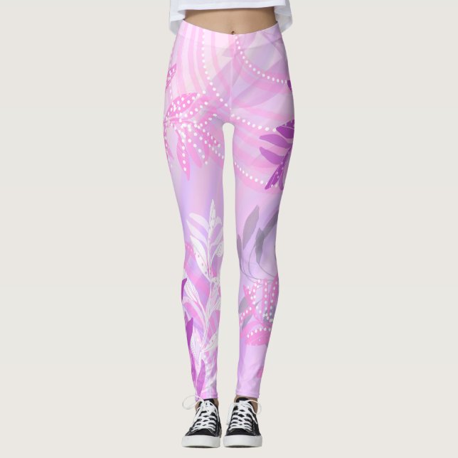 Trendy Modern Abstract Tropical Leaf Botanical  Leggings (Front)