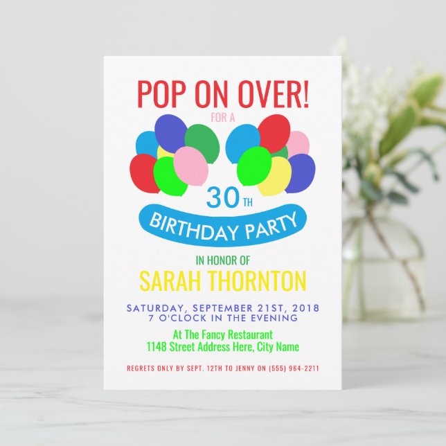 Trendy Modern Balloons, Birthday Party Invitation (Standing Front)