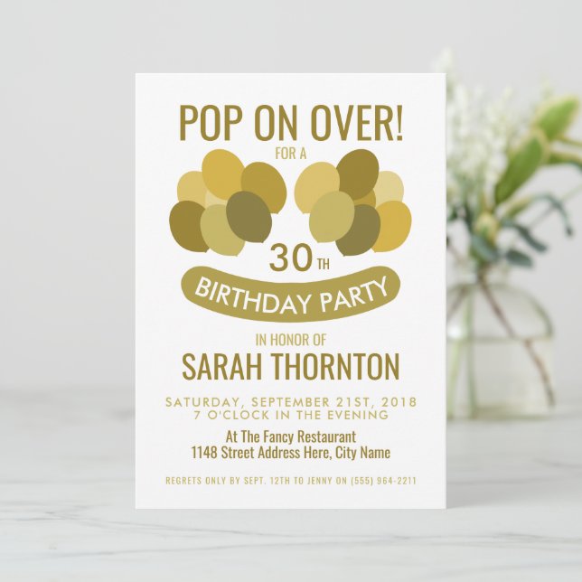 Trendy Modern Balloons, Gold Birthday Party Invitation (Standing Front)