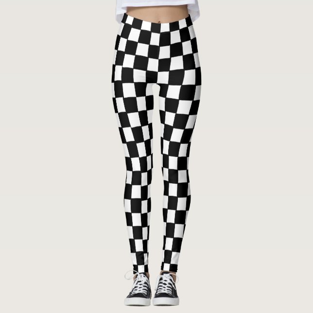 Trendy Modern Black and White Checked Yoga Leggings (Front)