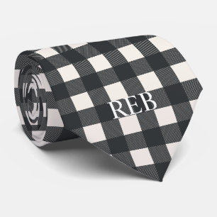 TRENDY MODERN BLACK AND WHITE PLAID MONOGRAMMED TIE