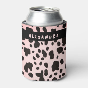 Trendy Modern Black Pink Cow Animal Pattern Name Can Cooler