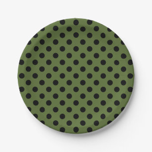 Trendy Modern Black Polka Dots on Olive Green Paper Plate