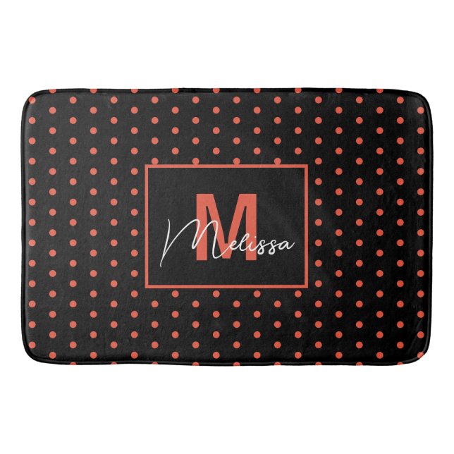 Trendy & Modern Black Salmon Dotted Monogram Bath Mat (Front)