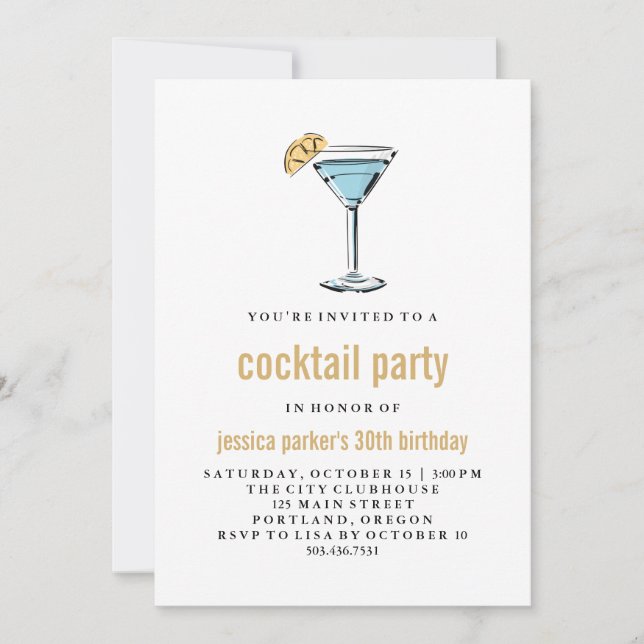 Trendy Modern Blue and Gold Cocktail Party Invitation (Front)