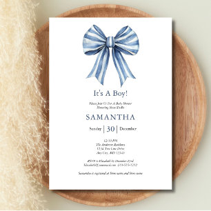 Trendy Modern Blue Bow Boy Baby Shower Invitation