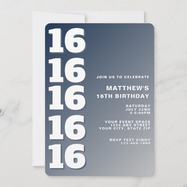 Trendy Modern Blue Grey Gradient 16th Birthday Invitation (Front)