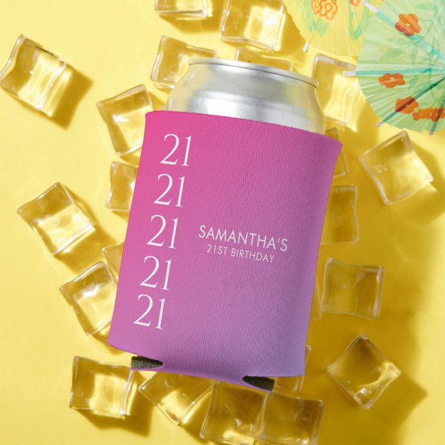 Trendy Modern Bold Pink Gradient 21st Birthday Can Cooler (In Situ Summer)