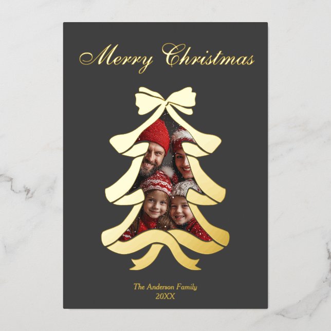 Trendy Modern Bow Photo Frame Christmas Foil Holiday Card (Front)