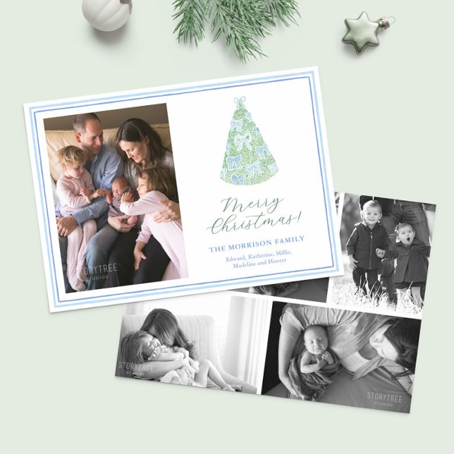 Trendy Modern Bows Christmas Tree Photo Collage Holiday Card (Modern watercolor Christmas tree with blue bows happy holidays photo collage merry christmas card)