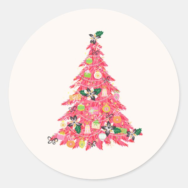 trendy modern bright colour festive christmas tree classic round sticker (Front)