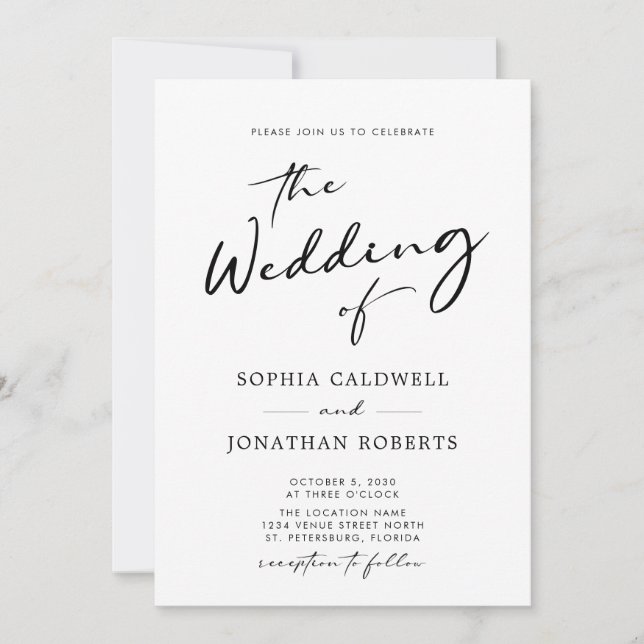 Trendy Modern Calligraphy Black and White Wedding Invitation (Front)