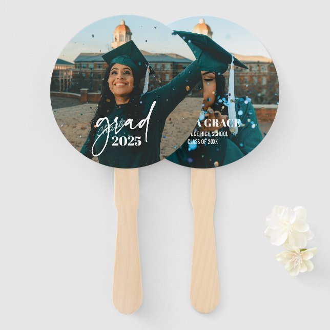 Trendy Modern Casual Typography Photo Graduation Hand Fan (Front and Back)