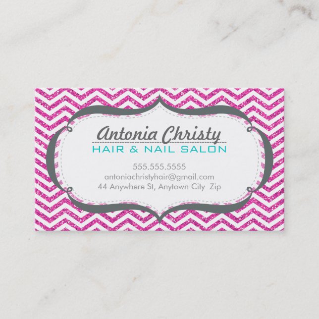 TRENDY modern chevron pattern faux pink glitter Business Card (Front)