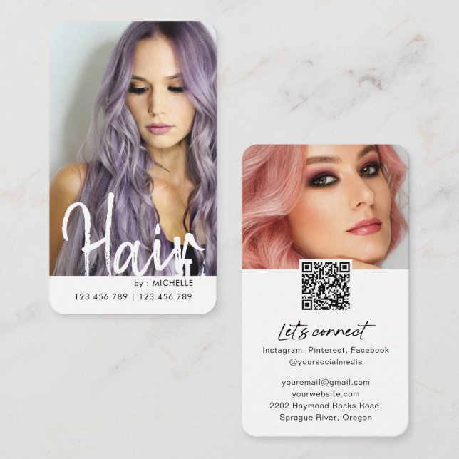 Trendy Modern chic Hair Stylish QR code photo Business Card (Front/Back)