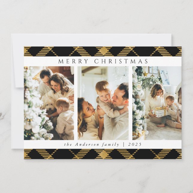 Trendy Modern Christmas Gold Tartan Plaid Photo Holiday Card (Front)