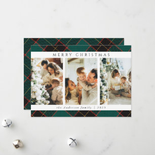 Trendy Modern Christmas Green Tartan Plaid Photo Holiday Card