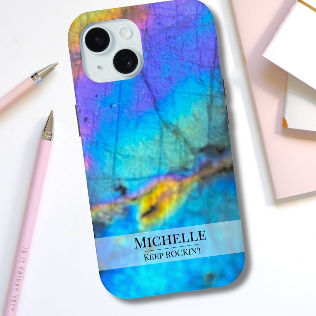 Trendy Modern Colourful Marble Stone Name  Case-Mate iPhone Case (Trendy Modern Labradorite Stone Name iPhone 15 Case)