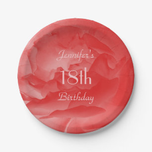 Trendy Modern Coral Pink Rose, Name, 18th Birthday Paper Plate