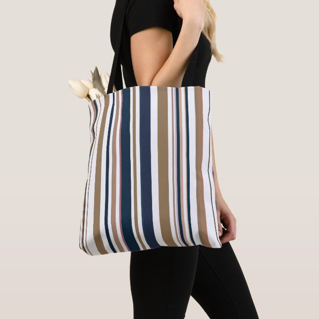 Trendy Modern Dark Blue and Gold Stripes Tote Bag (Close Up)