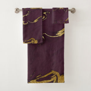 Trendy Modern Deep Purple and Gold Marble Bath Towel Set