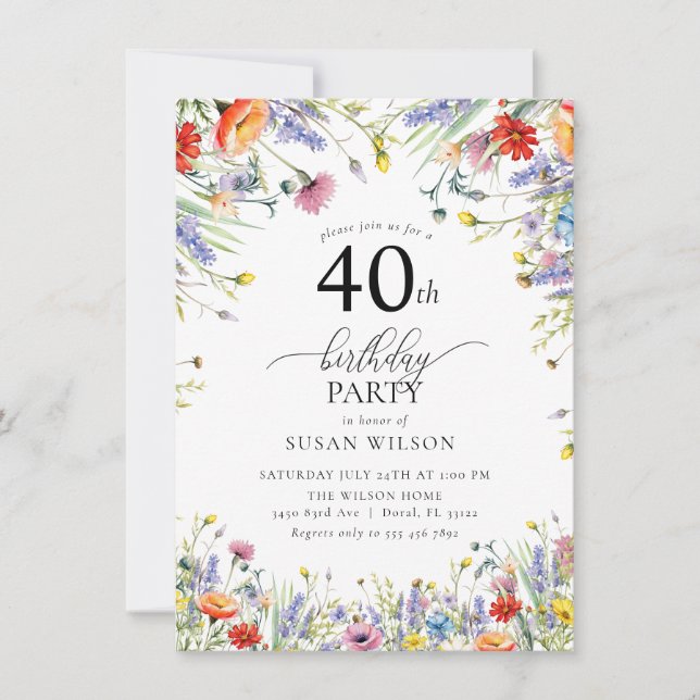 Trendy Modern Elegant Floral | 40th birthday  Invitation (Front)