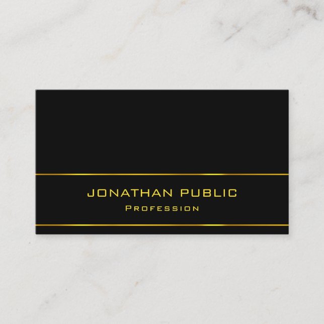Trendy Modern Elegant Gold Text Black Template Business Card (Front)
