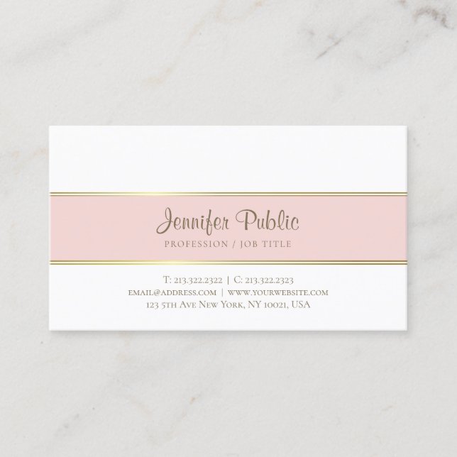 Trendy Modern Elegant Pink Gold White Simple Plain Business Card (Front)