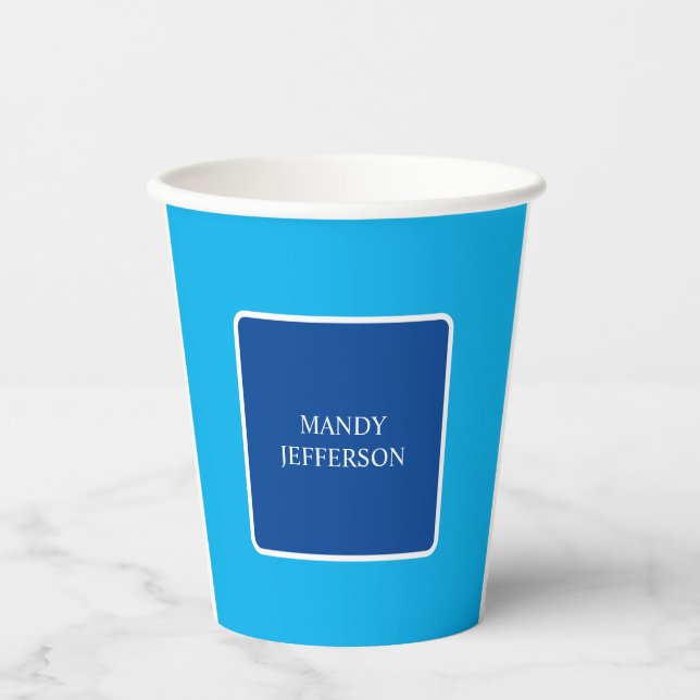 Trendy Modern Elegant Simple Blue Add Your Name Paper Cups (Front)