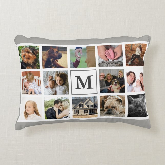 Trendy Modern Family Photo Collage | Monogram Decorative Cushion (Front)