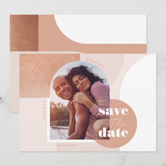 Trendy Modern Geometric Blush Pink Couple's Photo Save The Date (Front/Back)