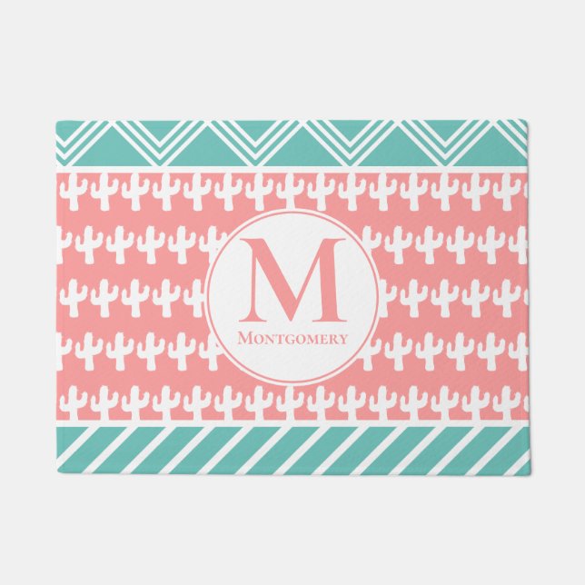 Trendy Modern Geometric & White Cactus Silhouettes Doormat (Front)