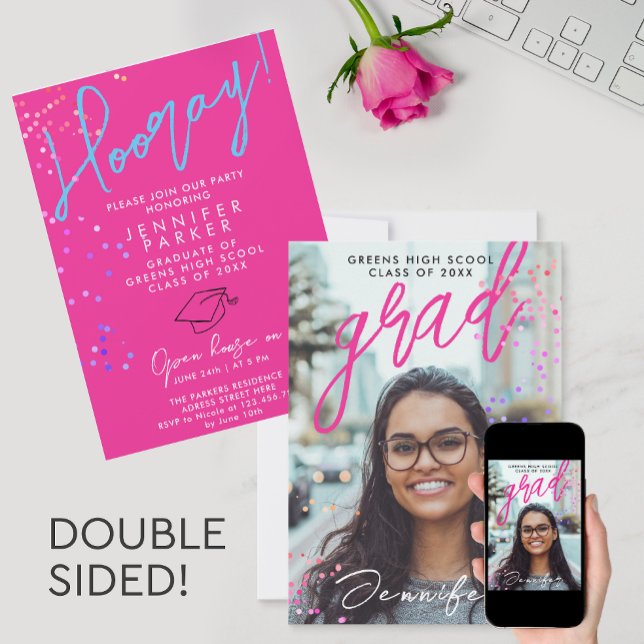 Trendy Modern Girl Pink School College Grad Photo  Announcement (Creator Uploaded)