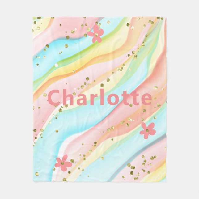 Trendy Modern Girly Glitter Floral Personalised Fleece Blanket (Front)