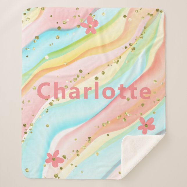 Trendy Modern Girly Glitter Floral Personalised Sherpa Blanket (Front)