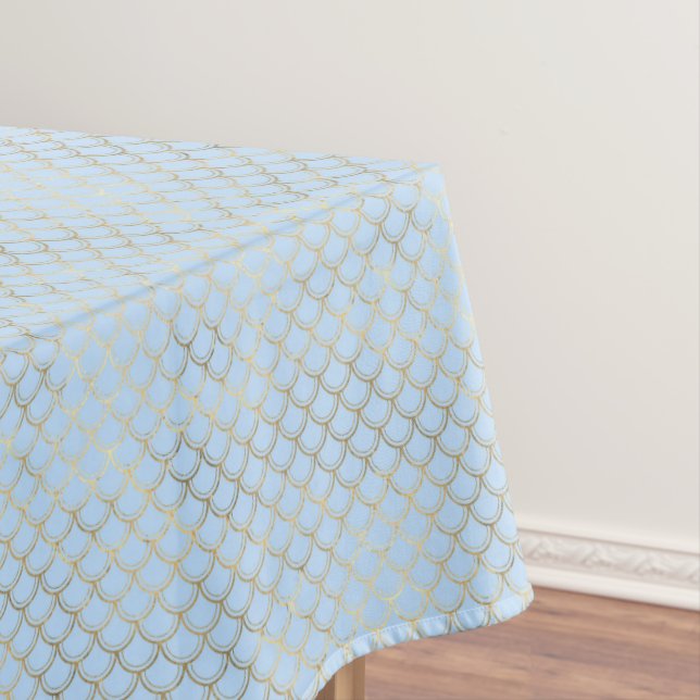 Trendy Modern Gold Blue Mermaid Scales Pattern Tablecloth (In Situ)